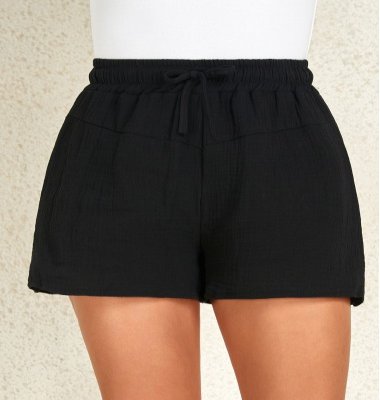 Drawstring Black Regular Elastic Waist High Waisted Shorts