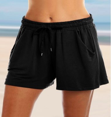 Black Mid Waist Drawstring Detail Loose Shorts