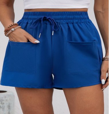 Pocket Dark Blue Drawastring High Waisted Shorts