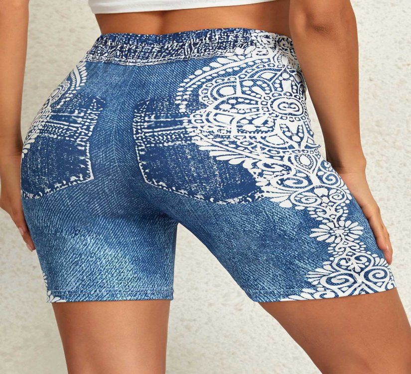 Tribal Print Denim Blue Skinny Elastic Waist Shorts