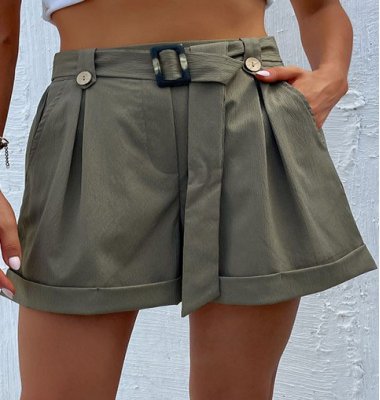 Pocket Olive Green Belted Regular Zipper Fly Shorts