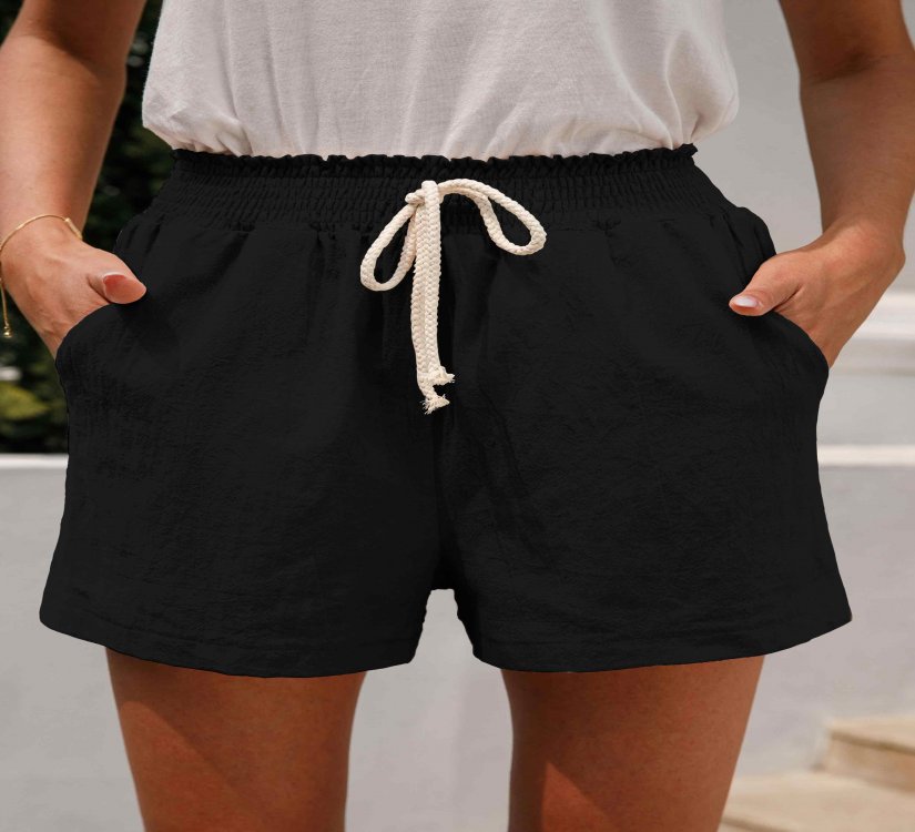 Pocket Black Regular Elastic Waist High Waisted Shorts