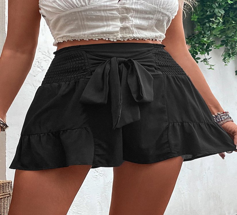 Bowknot Black Elastic Waist High Waisted Shorts